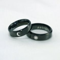 ♥ Custom Couples Rings ♥ Beautiful Handmade Ring for you♥ ˙ ˙ ˙ ˙ ˙ Ring Details ˙ ˙ ˙ ˙ ˙ ˙ ˙ ˙ ˙ ˙ ˙ - Material:titanium steel - Finish:black * This ring can be engraved on the inside names/coordinates/Roman numerals.(Up to 25 characters,space doesn't count) * It is a perfect gift for couples.A wonderful choice for engagement,wedding,anniversary,birthday. ˙ ˙ ˙ ˙ ˙ H O W ∙ T O ∙ O R D E R ˙ ˙ ˙ ˙ ˙ 1.Choose quantity & style from the drop-down menu. 2.Please enter ring size&custom text in the b Personalized Black Stainless Steel Rings, Black Stainless Steel Promise Ring, Black Stainless Steel Promise Jewelry, Minimalist Black Engraved Promise Ring, Symbolic Black Jewelry For Wedding, Symbolic Black Wedding Jewelry, Black Stainless Steel Couple Rings For Promise, Adjustable Black Engraved Ring, Black Symbolic Jewelry For Promise