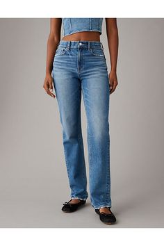 Stretch/Mid-weight structured denim with just enough stretch for everyday comfort/True jean-like fabric that holds its shape/Medium wash Best High Waisted Jeans, Women’s Pants, Jeans For Apple Shaped Women, Wide Leg Jean Outfits, New Jeans Trend, Sick Fits, True Jeans, Popular Jeans, High Waisted Straight Leg Jeans