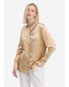 Classic Pearl Button Womens 100 Pure Silk Blouse Chic Silk Shirt With Buttons, Elegant Silk Tops With Buttons, Elegant Silk Shirt For Work, Elegant Silk Shirt For Workwear, Elegant Silk Shirt With Buttons, Elegant Silk Button-up Shirt, Elegant Silk Tops With Button Closure, Luxury Office Blouse With Button Closure, Luxury Silk Blouse With Button Closure