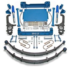 the front and rear view of a suspension system for a vehicle with blue springs on it