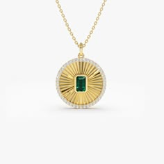 14K Emerald and Diamond Medallion Necklace – FERKOS FJ Yellow Gold Necklace With Emerald And Polished Finish, Yellow Gold Emerald Necklace With Polished Finish, Luxury 14k Gold Emerald Pendant Necklace, Luxury Gold Plated Emerald Necklace With Gemstones, Luxury Gold-plated Emerald Necklace, Gold Round Emerald Necklace Hallmarked, Gold Round Hallmarked Emerald Necklace, Luxury Diamond Necklace With Emerald In Gold Setting, Luxury Yellow Gold Emerald Necklace With Round Pendant