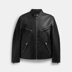 Rev up your style with this luxe supple leather jacket. Inspired by traditional racer silhouettes this classic-fit zip-up design features a snap closure at the neck zip pockets and zip cuffs. | Coach Leather Racer Size 2XL - Black Classic Outerwear With Zipper Closure, Classic Leather Jacket With Zipper Closure, Classic Black Outerwear With Zip Cuffs, Classic Business Biker Jacket With Zipper Closure, Classic Leather Jacket With Ykk Zipper For Fall, Classic Biker Jacket For Fall With Zip Fly, Classic Long Sleeve Biker Jacket With Zipper Closure, Classic Fitted Leather Jacket For Streetwear, Classic Leather Biker Jacket With Ykk Zipper