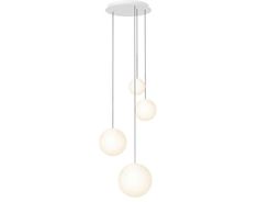 three white lights hanging from a ceiling light fixture with four balls on the bottom and one is