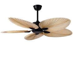 a ceiling fan that is black and has two large leaves on the top of it