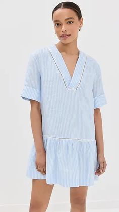 SIMKHAI Cleo Balloon Pintuck Mini Dress | Shopbop Summer Uniform, French Dress, Ladder Stitch, French Blue, Pullover Designs, Ulla Johnson, Swimwear Tops, Fashion Set, Stripes Pattern