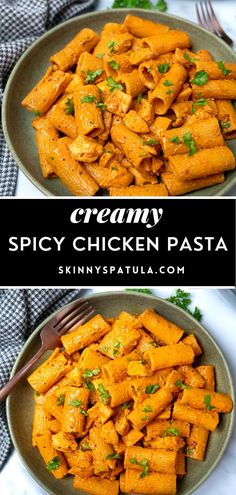 creamy spicy chicken pasta on a plate with a fork