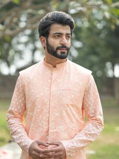 Vastramay Mens Peach And White Cotton Jacket, Kurta And Pyjama Set Cotton Long Sleeve Outerwear For Eid, Long Sleeve Cotton Outerwear For Eid, Pink Sherwani For Spring Festivals, Traditional Pink Nehru Jacket For Spring, Casual Fitted Nehru Jacket For Spring, Peach Long Sleeve Sets For Spring, Traditional Pink Nehru Jacket With Long Sleeves, Traditional Pink Cotton Nehru Jacket, Long Sleeve Peach Kurta For Festive Occasions