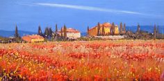 an oil painting of a field full of flowers and buildings in the background with blue sky