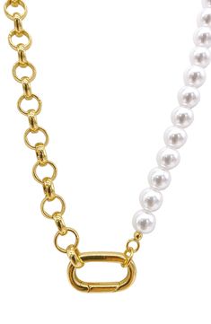 Imitation pearls add a lustrous appearance to a 14-karat-gold plated necklace for a contrasting look. 20" length; 0.75"W x 0.5"L pendant Imitation-pearl size: 6–7mm 14k yellow gold plated brass/imitation pearl Imported Classic Gold Chain Necklace With Pearls, Classic Gold Chain Necklace With Pearl, Classic Gold Pearl Chain Necklace, Classic Gold Pearl Necklace With Chain, Yellow Gold Pearl Necklace With Chain, Formal Pearl Necklace With Gold Chain, Gold Plated Round Pearl Necklace, Gold Necklace With Round Pearl Chain, Gold Necklace With Pearl Chain