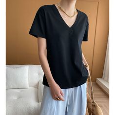 Loose V-neck Basic Tee Fabric: 96%Cotton+4%Spandex Size: Free Size Multiple Color Selections: Black, White  Season: Summer Solid V-neck T-shirt For Work, Stretch V-neck T-shirt For Work, Black V-neck T-shirt For Everyday, Basic Solid V-neck Top, Everyday V-neck Top In Specific Color, Black Stretch V-neck Top With Short Sleeves, V-neck T-shirt For Work, Black V-neck T-shirt For Spring, Black V-neck Top For Work