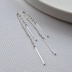 Sterling Silver Trace Pull Through Chain Earrings | Etsy Delicate Sterling Silver Linear Earrings With Chain, Silver Dainty Linear Earrings, Simple Silver Threader Earrings As Gift, Silver Sterling Linear Earrings With Adjustable Chain, Dainty Sterling Silver Linear Earrings With Adjustable Chain, Minimalist Sterling Silver Threader Earrings With Delicate Chain, Silver Linear Earrings With Delicate Chain, Silver Long Drop Linear Earrings With Delicate Chain, Dainty Silver Linear Earrings With Delicate Chain