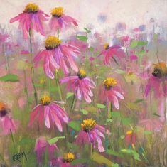 a painting of pink flowers in a field