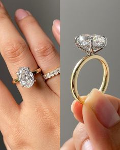 two different views of a woman's engagement ring