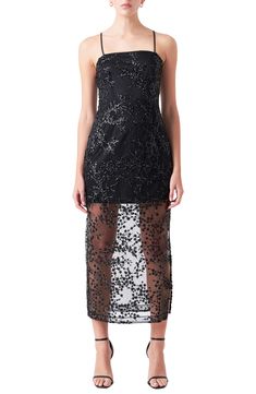 A lustrous landscape of sequined vines elevates this square-neck midi punctuated with a semisheer skirt. Hidden side-zip closure Square neck Adjustable straps Partially lined 100% polyester Hand wash, dry flat Imported Sequin Dress With Straight Neckline For Evening In Summer, Sequin Prom Midi Dress, Contrast Sequin Midi Dress For Gala, Elegant Sequin Dress For Night Out With Straight Neckline, Evening Sequin Midi Dress, Sheer Midi Evening Dress For Party, Evening Midi Dress With Contrast Sequin, Sheer Midi Length Evening Dress For Party, Holiday Evening Sequin Midi Dress