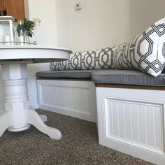 Photo of a custom angled banquette bench with a cushion on top Bench Kitchen Seating, Bench Breakfast Nook, Banquette Corner, Kitchen Nook Bench, Coin Banquette, Custom Banquette, Economics 101, Corner Bench Seating, L Shaped Bench