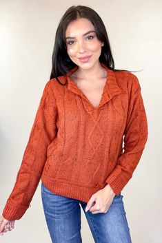 The Back To You Sweater is going to be a staple in your fall wardrobe! This cropped sweater features a cable knit material, a v-notched neckline with a mock collar, and long sleeves. This top can easily be dressed up with your favorite pair of denim and boots or dressed down with a comfy pair of lounge pants! *100% Polyester Model is wearing a small. Size Bust Waist Length Small Medium Large Denim And Boots, Notched Neckline, Cable Knit Sweater, Girls Sweaters, Waist Length, Fall Wardrobe, Knitting Materials, Lounge Pants, Dressed Down