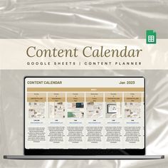 a laptop computer sitting on top of a table covered in plastic wrappers with the words content calendar