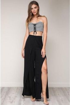 High Waist Wide Leg Pants With Front Slits - Bottoms Split Leg Pants Outfit, Split Leg Pants, Flowy Wide Leg Pants, Ripped Jeans Women, Split Pants, Legs Outfit, Bell Pants, Black Leather Leggings, Leg Pants Outfit