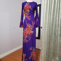 Ao Dai Measurements Bust 88-92cm Waist 74-76cm Nwot. Flowy Fabrics, Machine Washable Gentle Only Purple Printed Long Sleeve Dress, Purple Long Sleeve Printed Dress, Fitted Long Sleeve Lined Maxi Dress, Long Purple Floral Print Dress, Long Fitted Purple Dress, Fitted Long Purple Maxi Dress, Purple Long Sleeve Ao Dai For Spring, Vietnam Dress, Ao Dai Vietnam