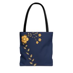 Elevate your style with this stylish Gold Flowers on Navy Blue Tote Bag, perfect for making a fashion statement. This fashionable and convenient accessory is crafted from 100% polyester for durability and comfort. Suitable for those who want to showcase their individuality and carry their essentials with ease. Relevant for everyday use, shopping, beach trips, and as a gift for fashion-forward individuals. Product features - 100% Polyester body: Strong and durable synthetic fabric - Seamless thread color: Black inner stitching and transparent thread on hems - Reinforced stitching on handles for extra strength - Boxed corners for added room - Comes with non-woven laminate inside and black cotton handles Care instructions - Remove all items from the bag before cleaning. Suggested to pretreat Trendy Blue Gift Shoulder Bag, Trendy Blue Shoulder Bag For Gift, Blue Rectangular Bags For Gifts, Blue Shoulder Bag For Gift, Blue Large Capacity Shoulder Bag Gift, Blue Large Capacity Shoulder Bag As Gift, Blue Shoulder Bag With Large Capacity As Gift, Large Capacity Blue Shoulder Bag For Gift, Elegant Blue Gift Bag