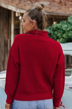 Magnolia Exclusive! Santa's favorite! Our Winter Wonderland Red Mock Neck Sweater features a slouchy rolled mock neck sweater silhouette designed cozy ribbed knit sweater material. This layer-friendly knit is the perfect gift to give or get in all 3 colors; Red, Green, & Blue! Winter Tops, Sweater Material, Ribbed Knit Sweater, Mock Neck Sweater, Fall Collections, Cozy Knits, Silhouette Design, Winter Wonderland, Neck Sweater