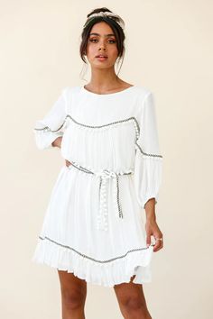 Shop the Marionette Three-Quarter Sleeve Pom-Pom Dress White | Selfie Leslie Chic Summer Peasant Dress, Flowy Dresses With 3/4 Sleeves For Vacation, Chic Flowy Peasant Dress For Summer, Summer Boho Dress With 3/4 Sleeves For Beach, Summer Boho Dress For Beach With 3/4 Sleeves, Summer Boho Beach Dress With 3/4 Sleeves, Summer Beach Boho Dress With 3/4 Sleeves, Summer Boho Dress With 3/4 Sleeves For Vacation, Flowy Boho Tunic Dress For Brunch