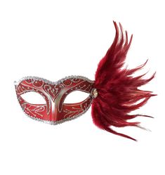 This fun eyelet half mask features glitter scroll work across the face with edges trimmed in gold or silver. Each mask has a side fan of feathers attached with a jewel and black ribbons to tie back. Available in individual pieces, 6-pack or by the dozen! Elegant Red Masks For Carnival, Red Venetian Mask For Masquerade, Red Eye Masks For Party, Red Eye Mask For Masquerade, Red Eye Mask For Party, Red Venetian Masquerade Mask, Red Eye Mask For Carnival, Red Masks And Prosthetics For Mardi Gras Masquerade, Red Venetian Eye Mask