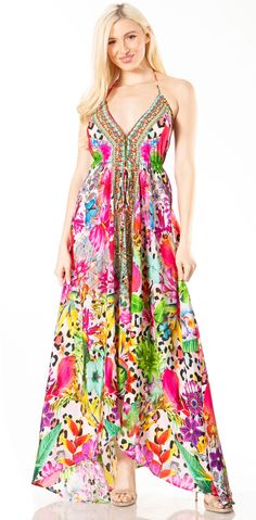 Sakkas Lizi 2 Women's Maxi High-Low Halter Handkerchief Dress Beach Party Vacation#color_512 Multicolor Print V-neck Summer Dress, Multicolor Tropical Print Midi Dress For Day Out, Multicolor Floral Sundress For Beach Season, Multicolor V-neck Beach Dress With Floral Print, Multicolor Floral Print Dress For Vacation, Multicolor Floral Print Vacation Dress, Multicolor Print Midi Dress For Summer Day Out, Multicolor Print V-neck Beach Dress, Summer Midi Dress With Multicolor Print