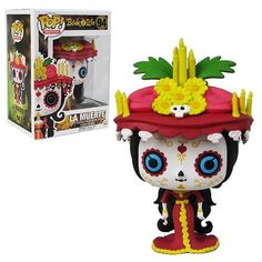 a pop vinyl figure in a red hat with yellow flowers on it's head