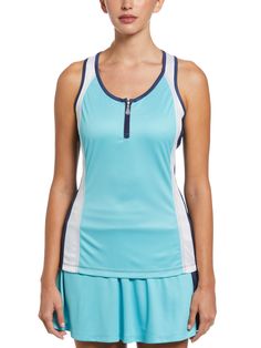 Winning style is yours with this Grand Slam women's sleeveless tennis shirt. The tennis tank top features a slimming color block pattern that pops. A zipper closure at the neckline adds an extra visual detail. The tennis top has a variety of performance features, including moisture-wicking technology and sun protection. Made with interlock fabrication, it has natural stretch for a comfortable fit that moves with you on every shot. 100% Polyester Interlock knit fabrication incorporates close stit Womens Skorts, Tennis Tank Tops, Tennis Outfit Women, Tennis Tops, Tennis Shirts, Womens Tennis, Tennis Clothes, Athletic Fashion, Golf Outfit