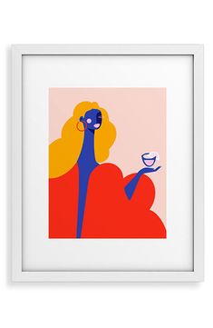 an art print with a woman holding a cup