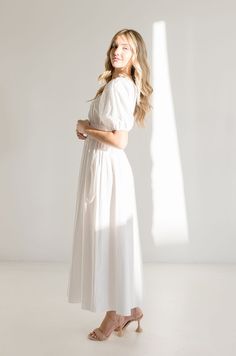 The Lou Maxi Dress brings the sass with its sweet white hue, a sultry deep V-neckline, and seriously cute 1/2 puff sleeves. The ruched waist will make you a show-stopping sensation - just pair it with some strappy heels for a brunch date look. Details+ Fit 100% Polyester Runs True to Size Hand Wash Cold Hang Dry Deep V Neckline Short 1/2 Puff Sleeves Elastic Cuffs Ruched Waist Maxi White | Solid Model is 6'1" and wearing a size Small Flowy Dress Long, Short Sleeve Maxi Dress, Miss Match, Maxi Dress White, Brunch Date, Short Sleeve Maxi Dresses, White Solid, Sleeve Maxi Dress, White Maxi