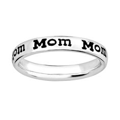 "Ring Details:      Ring width: 3.5-mm     Metal: rhodium-plated sterling silver     Inscription: \"Mom\"   Size: 7. Color: Black. Gender: unisex. Age Group: adult." Silver Engraved Ring For Mother's Day, Mother's Day Sterling Silver Engraved Ring, Sterling Silver Stackable Rings For Mother's Day Anniversary, Sterling Silver Stackable Rings For Anniversary, Mother's Day, Classic Sterling Silver Rings For Mother's Day, Customizable Silver Engraved Ring For Mother's Day, Customizable Sterling Silver Ring For Mother's Day, Customizable Sterling Silver Engraved Ring For Mother's Day, Customizable White Gold Rings For Mother's Day