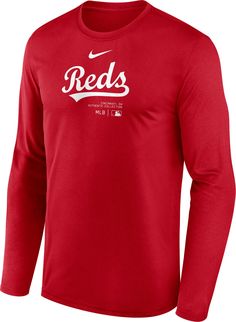 Design Long sleeve, ribbed crew neck Tagless collar Standard fit Style and Team Spirit Screen printed team graphics Additional Details Official MLB;&reg Authentic Collection fanwear Officially licensed product Nike Collegiate Tops For Baseball Season, Nike University Red Long Sleeve Tops, Red Long Sleeve Fan Apparel T-shirt, Red Long Sleeve T-shirt Fan Apparel, Red Long Sleeve T-shirt For Fans, Red Nike Tops With Team Spirit, Nike University Red Tops For Sports Season, Red Team Logo Top For Baseball Season, Red Baseball Team Logo Tops