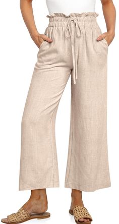 PRICES MAY VARY. Casual Linen Pants - US SIZE: S=US(4-6), M=US(8-10), L=US(12-14), XL=US(16-18), XXL=US(20-22), our palazzo pants feature a drawstring, elastic high waist, and relaxed style to flatter all body types. Occasion - This wide leg capri trousers suit for vacation, beach, travel, work, outdoor activity, home and lounge wear. They are so light weight,flowy,comy and stylish looking for any occasion. Featurs - Linen material, slouchy style, elastic draswtring hig wasited, 2 Side deep pock Non-stretch Bottoms With Drawstring, Beige Wide-leg Pants With Tie Waist, Beige Drawstring Trousers, Beige Stretch Bottoms With Drawstring, Stretch Beige Bottoms With Drawstring, High Waist Beige Bottoms With Drawstring, Beige High-waist Bottoms With Drawstring, Non-stretch Full Length Drawstring Bottoms, Womens Linen Pants