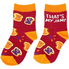 PREMIUM QUALITY: Socks pair is made from a blend of 70% cotton, 28% polyester, 2% spandex materials. These (S/M or M/L) or 4-7YO) unisex socks fit children’s shoes (US 8-11 or US 10-1) IN-HOUSE DESIGN: Features a sewn-in PB&J pattern on the red top and side parts of the sock. The outer ankles feature “That's My Jam” text that is also sewn in. The toes, heels and tops are a solid orange color. Socks come packaged inside of a plastic poly bag with a hangtag and ribbon. CARE INSTRUCTIONS: Machine w Non-slip Cotton Socks For Playtime, Cotton Socks For Winter Playtime, Cute Cotton Socks For Playtime, Playful Multicolor Cotton Socks, Playful Non-slip Cotton Socks, Playful Red Cotton Socks, Cute Red Cotton Socks, Multicolor Cotton Socks For Playtime, Casual Cotton Socks For Playtime