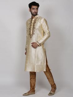 Silk Kurta pyjama With Hand Work & zari work to enrich its style with a beige/Golden colour lower to embellish your occasion This is Beautiful dress can be worn on any occassions like wedding,sangeet,reception or any religious festival Long Sleeve Sherwani For Puja And Festivals, Semi-stitched Naqshi Kurta For Festivals, Unstitched Bollywood Style Kurta With Naqshi, Bollywood Style Unstitched Naqshi Kurta, Festive Long Sleeve Sherwani For Puja, Festive Long-sleeve Sherwani For Puja, Traditional Straight Kurta For Diwali, Bollywood Long Sleeve Kurta For Diwali, Bollywood Style Festive Kurta With Dabka