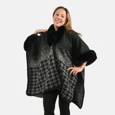 Buy Instyle Black Checkered Faux Fur Ruana - One Size Fits Most at ShopLC. Faux Fur Trim Cape For Cold Weather In Fall, Fall Cape With Faux Fur Trim For Cold Weather, Winter Faux Fur Poncho With Trim, Winter Poncho With Faux Fur Trim, Chic Winter Shawl Poncho, Fall Poncho With Faux Fur Trim Cape, Fall Faux Fur Cape, Faux Fur Winter Cape Coat, Cape Outerwear With Faux Fur Trim For Cold Weather