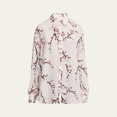 Alexander McQueen button-front blouse in an allover cherry blossom printed styling  Spread collar Long sleeves; button cuffs  Back yoke  Mid-length  Relaxed fit  Silk Dry clean Made in Italy Cherry Blossom Print, Fashion Store, Fashion Prints, Cherry Blossom, Alexander, Alexander Mcqueen, Blossom, Tops Designs, Relaxed Fit