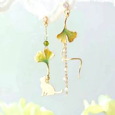 Gingko Biloba Cat Assymmetric Dangle Drop Fashion Tassel Earrings Green Gold Tone. So Cute With Beads, Crystal And A Cat. Pretty, Cute, Exquisite, Intricately Designed And Well Made. Brand New Boutique Jewelry. Bundle For Discount And To Save On Shipping! Tags: Fashion, Kawaii, Japanese, Mismatched, Cultural, Trendy, Long, Large, Streetwear, Vacation, Travel, Floral, Plant, Artsy, Creative, Edgy, Unique, Crazy Earrings, Girly, Girls, Celebration, Birthday, Gift Earring Party, Anting Manik, Korean Flower, Botanical Earrings, Sweet Jewelry, Söt Katt, Asymmetrical Earrings, Long Tassel Earrings, Celtic Knots