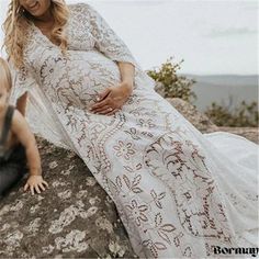 Bormay - Maternal Beauty Long Dress with Flowing Silhouette Stylish Maternity Wear, Maternity Photo Outfits, Long Sleeve Maternity Dress, Maternity Long Dress, Loungewear Dress, Maxi Dress Designs, Long Sleeve Wrap Dress, Stylish Skirts, Crop Top Dress