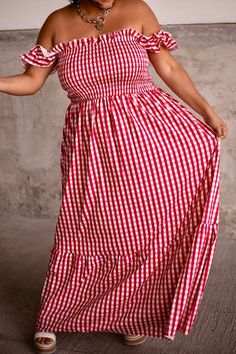 Charlotte Maxi Dress - Red Gingham Dress With Ruffle Hem And Square Neck, Gingham Dress With Smocked Bodice And Short Sleeves, Gingham Short Sleeve Dress With Smocked Bodice, Short Sleeve Gingham Dress With Smocked Bodice, Summer Plaid Smocked Dress With Ruffles, Fitted Gingham Smocked Dress With Short Sleeves, Spring Gingham Smocked Dress With Short Sleeves, Short Sleeve Gingham Smocked Dress, Red Smocked Dress With Ruffles And Short Sleeves