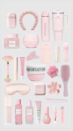 the contents of a woman's beauty product displayed on a white background with pink accents