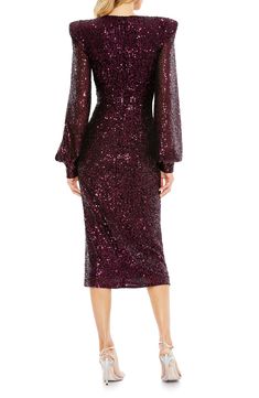 Glistening sequins enliven a scene-stealing midi dress framed by pronounced shoulders with long blouson sleeves. 48 1/2" length Deep V-neck Long sleeves Lined 100% polyester Spot clean Imported Asian Owned/Founded Evening Midi Dress With Blouson Sleeves For Fall, Fall Evening Midi Dress With Blouson Sleeves, Fall Gala Sequin Midi Dress, Bishop Sleeve Midi Dress For Evening In Fall, Evening Midi Dress With Bishop Sleeves For Fall, Long Sleeve Sequined Midi Evening Dress, Evening Long Sleeve Sequin Midi Dress, Long Sleeve Sequin Midi Dress For Evening, Evening Midi Dress With Bishop Blouson Sleeves