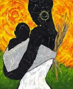 a painting of a woman holding a child in front of a yellow and black background