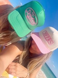 Support Day Drinking! Your new go to summer hat! This green hat with pink embroidery is SO perfect for beach drinks and ALLL summer long! Match with your best girlies on your brunch dates or for any upcoming trips! We love this hat! Cheap Pink Trucker Hat, Cute Trucker Hats, Diy Trucker Hat, Boat Day Outfit, Support Day Drinking, Summer Trucker Hat, Cute Trucker Hat, Hat Business, Trucker Hat Fashion