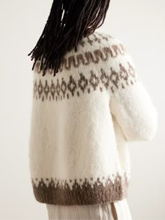 BODE's sweater is designed to resemble a "Lopapeysa"; a traditional Icelandic style from the '60s that's defined by its intricately patterned yoke. It's been intarsia-knitted from soft, insulating alpaca-blend and topped with a ribbed mock neck. Icelandic Style, Rowan Knitting, Icelandic Design, Icelandic Sweaters, Colorwork Knitting, Alpaca Sweater, Sweater For Men, Jacquard Sweater, Knit Alpaca