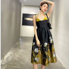 Little black dress. beautifully positioned floral dressMaterial:Acetate satinColor:as pictureStyle:sweetFeatures:printed floralSize(cm)S,M,L 1inch=2.54cmS:length:88.5,bust:85,waist:67&ltp&gtM:length:89,bust:89,waist:71</p>&ltbr/>&ltp&gtL:length:93,bust:93,waist:75</p>&ltbr/>&ltp&gtNote:Due to different measurement methods,there will be 1-3 error(unite:cm), please understand.</p>&ltbr/>&ltp&gtPlease check the size carefully wh Black A-line Dress With Floral Print, Black Floral Print Satin Dress, Black Satin Dress With Floral Print, Satin Floral Print Party Dress, Black Silk Midi Dress With Floral Print, Black Silk Floral Print Midi Dress, Elegant Black Floral Dress For Spring, Black Floral Dress For Summer Evenings, Elegant Black Floral Midi Dress