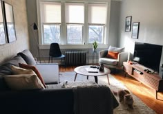 a living room filled with furniture and a flat screen tv on top of a hard wood floor