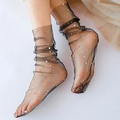 Feel Out Of This World. These Cute Socks Feature A Scrunched Sheer Tulle Fabric, Star/Moon Silver Glitter Accents, And An Over The Toe Style. Glitter Sheer Socks, Tulle Socks Loafers, Glitter Tulle Socks, Tulle Socks Pattern, Tulle Sock, Tulle Socks, Summer Sock, All Black Shoes, Mesh Socks